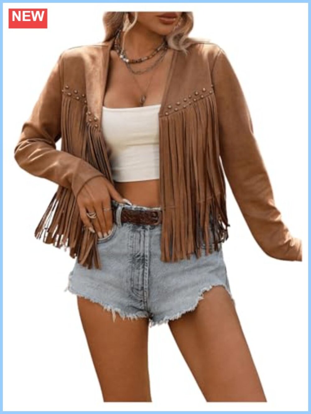 Fringe Trim Open Front Long Sleeve Crop Cardigan Jacket